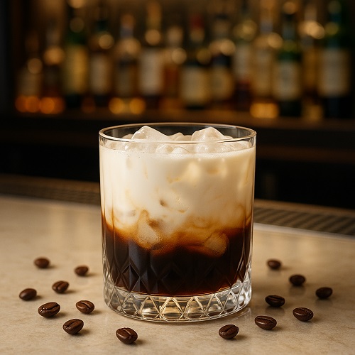 A White Russian cocktail with layered vodka,coffee liqueur and cream in a rocks glass.